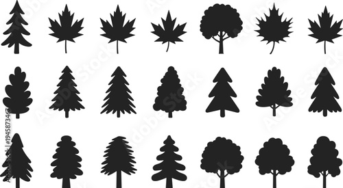 Collection of black silhouettes of trees and maple leaves on white background