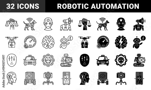 Artificial Intelligence Hybrid Icon Collection Featuring Robotic Justice Scales Cybernetic Dog Surveillance and Automated Delivery Drone Symbols
