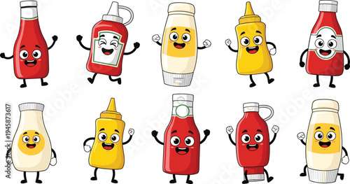 Cute Ketchup Mustard and Mayonnaise Bottle Mascot Characters Funny Sauce Cartoon Collection Vector Illustration