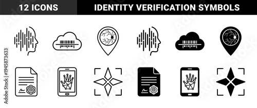 Biometric identification and identity verification hybrid icons featuring fingerprint hourglass retina map pin and voice recognition profile silhouettes