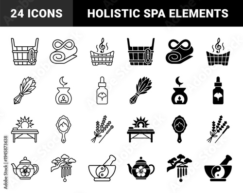 Wellness and Spa Hybrid Line and Silhouette Icons Featuring Zen Garden Elements Holistic Therapy Symbols and Traditional Sauna Equipment