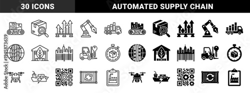 Hybrid Smart Logistics and Automated Supply Chain Management Symbols Featuring Combined Warehouse Robotics and Sustainable Freight Data Graphics