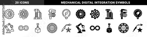 Industrial engineering and smart manufacturing hybrid icons featuring mechanical gears integrated with digital circuits and sustainable energy symbols