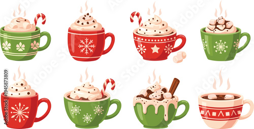 Christmas Hot Chocolate Cups Collection Winter Holiday Drinks with Whipped Cream Candy Cane and Marshmallows Vector Illustration