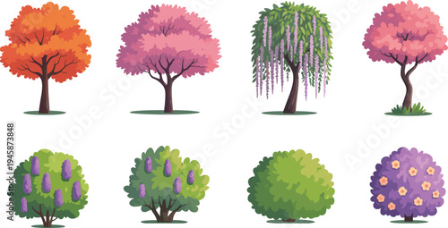 Eight colorful trees with different foliage and flowers in a row nature green