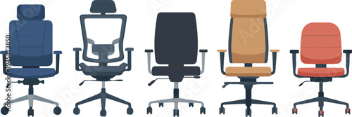 Set of modern office chairs side and back view flat vector illustration clean minimalist design with solid colors