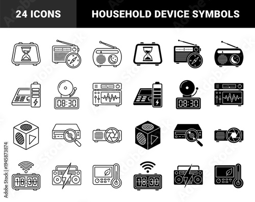 Linear and solid hybrid interface symbols merging household appliances with conceptual metaphors like navigation time weather and communication