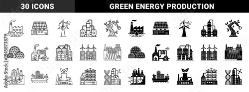 Sustainable industrial manufacturing and green energy hybrid symbols featuring factory smokestacks with leaves solar panels with buildings and wind turbine integration