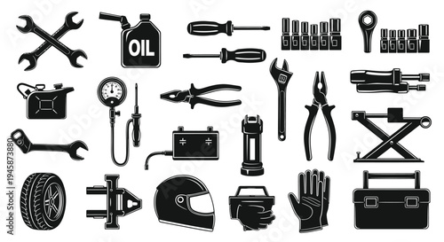 Collection of various automotive tools and equipment in black silhouette
