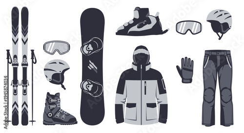 Winter sports equipment collection including skis snowboard and apparel silhouette