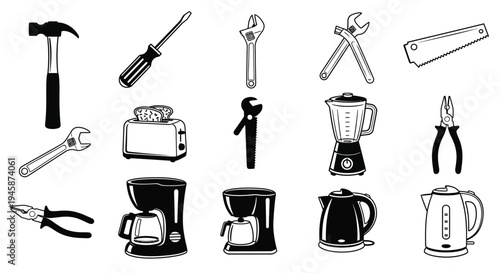 Collection of household tools and appliances depicted in black silhouette