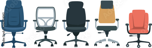 Set of modern office chairs side and back view flat vector illustration clean minimalist design with solid colors