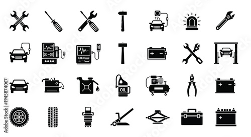 Collection of black automotive tools and vehicle icons in a flat style silhouette