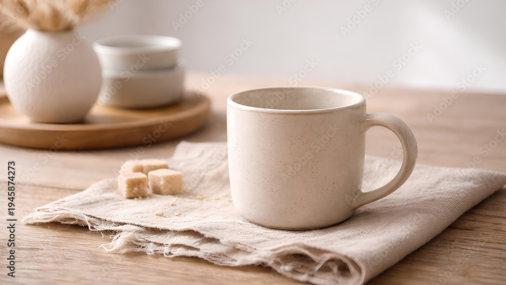 Fototapeta premium ceramic mug on linen napkin with sugar cubes on wooden table