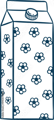 Milk carton, simple vector icon in doodle sketch style with Mediterranean blue line. Hand-drawn paper container for cafe menus, grocery branding or dairy packaging