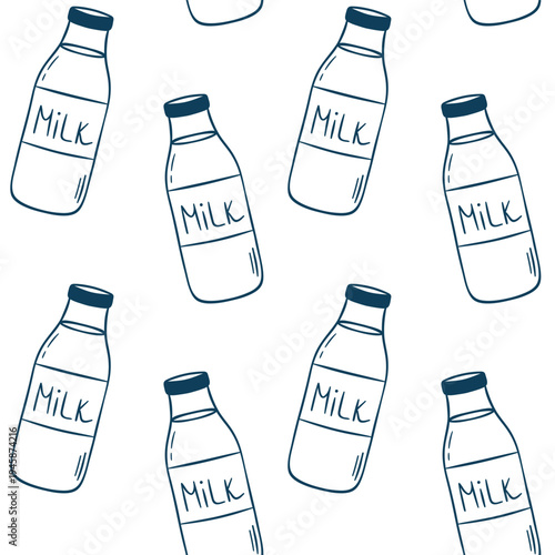 Milk bottle, simple vector pattern in doodle sketch style with Mediterranean blue line. Hand-drawn repeating dairy motif for wallpaper, packaging or kitchen textiles