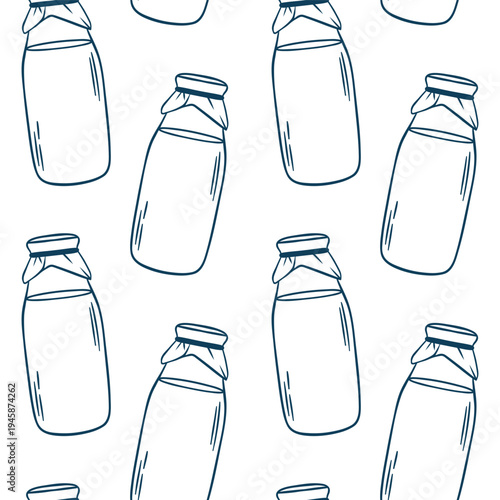 Hand-drawn milk bottle repeat pattern in simple blue line technique. Mediterranean-inspired vector print for culinary projects, packaging design or kitchen decor