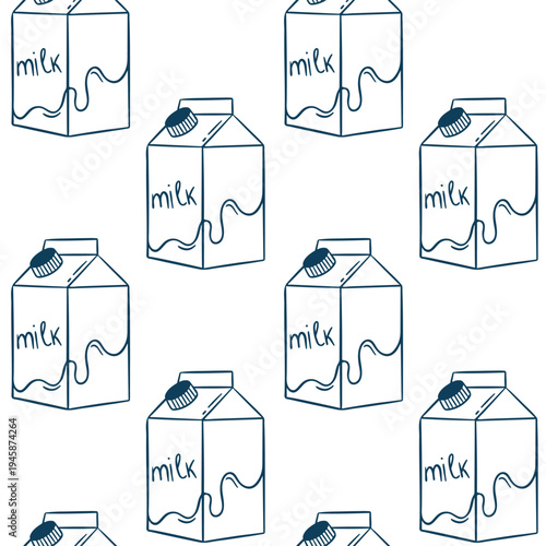 Doodle style seamless pattern with milk cartons and Mediterranean blue outlines. Clean hand-drawn vector repeat for organic dairy branding or milk