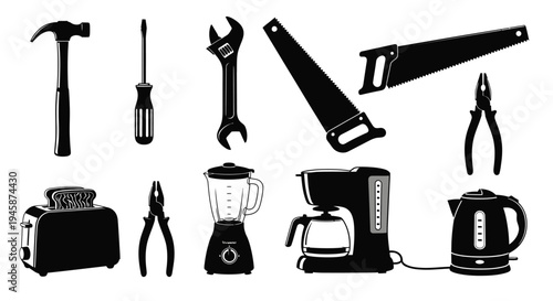 Collection of black silhouette tools and appliances on a white background silhouette