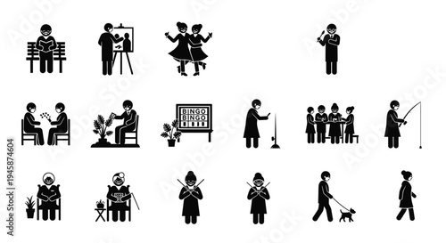 Diverse senior activities depicted in a collection of black silhouettes