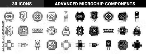Hybrid Microchip Hardware Icons Featuring Integrated Concepts of Artificial Intelligence Cloud Computing Quantum Processing and Data Security in Outline and Solid Styles