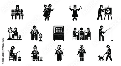 Diverse senior activities depicted in black glyph icons a striking silhouette