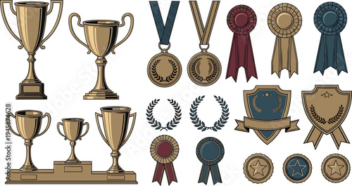 Vintage Trophy Cups Medals and Award Ribbons Vector Collection with Classic Shields Laurel Wreaths and Championship Badges