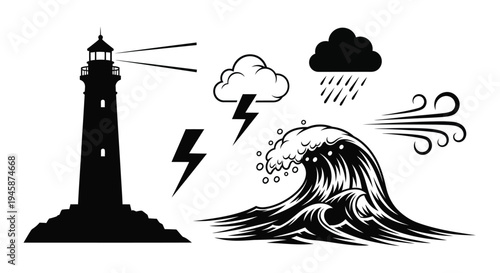 Dramatic coastal scene featuring a lighthouse storm and waves silhouette