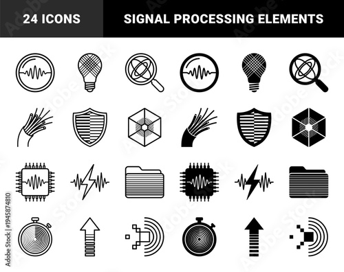 Hybrid technical icons featuring combined symbols of fiber optic cables and light bulbs with data processing and signal transmission elements