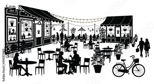 Outdoor cafe scene with people and architectural details black silhouette
