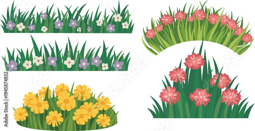 Colorful Flower Beds with Green Grass and Various Flower Arrangements flowers yellow purple