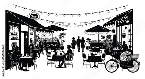 Outdoor cafe scene with people tables and string lights a detailed silhouette
