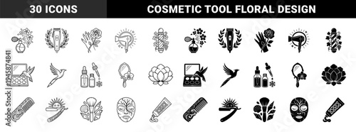 Artisanal beauty and grooming hybrid elements merging cosmetic tools with organic nature motifs in dual outline and solid silhouette styles