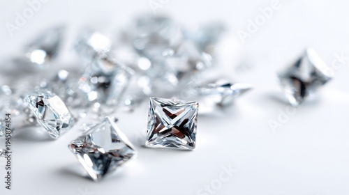 Sparkling Princess Cut Diamonds Scattered on a White Background.