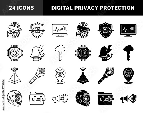 Hybrid security and surveillance icon set featuring surveillance camera fingerprints shield eye biometric scanning and digital protection symbols