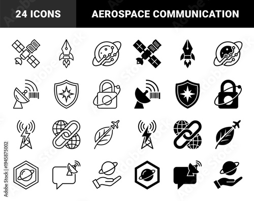 Hybrid communication and aerospace symbols featuring satellite book fusion rocket pen nib combination and planetary data network connection graphics