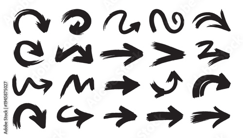 Variety of hand painted brush stroke arrows for creative layouts. Black ink pointers with rough edges isolated on white backdrop for infographics and presentations