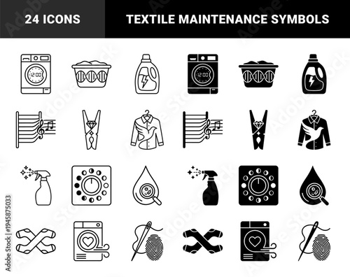Hybrid laundry and garment care icon set featuring conceptual merges like musical note towel rack and bird shirt in outline and solid styles