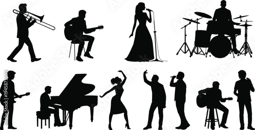 Silhouettes of musicians and dancers performing with various instruments and actions in black and white