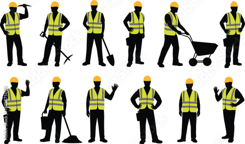 Construction worker silhouettes with safety vest and helmet, builder workforce characters, industrial labor tools, contractor team, construction industry vector illustration