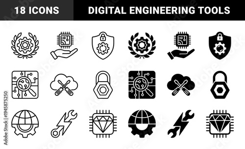 Hybrid technical icons combining hardware and software elements featuring gear laurel wreaths circuit hands cloud tools and diamond processors