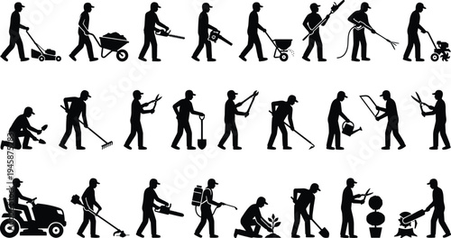 Gardening and landscaping worker icon collection showing lawn mowing, pruning, planting, watering and garden maintenance activities, black silhouette pictograms isolated