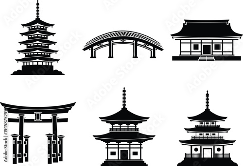 Six black and white traditional Japanese architectural structures including pagodas and gates architecture
