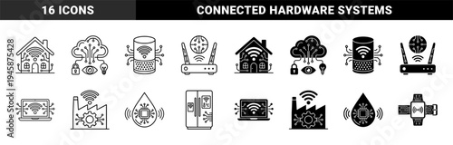 Integrated smart technology icons featuring hybrid circuit motifs merged with domestic appliances industrial machinery and wearable hardware elements