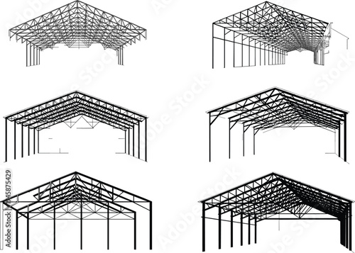 Six different metal framework structures for large buildings with various roof and support beams building structures