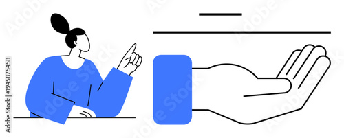 Education, assistance, customer service, instruction, communication, guidance. A woman in blue gestures with her hand while pointing. Education and assistance-related are visually
