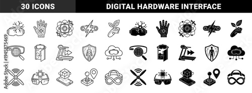Hybrid Virtual Reality and Digital Technology Icon Set Featuring Augmented Reality Hardware Mixed with Organic and Scientific Conceptual Symbols