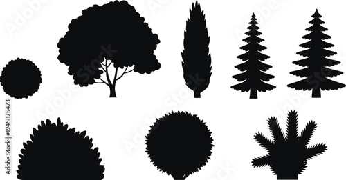 Various black silhouettes of trees and shrubs against a white background
