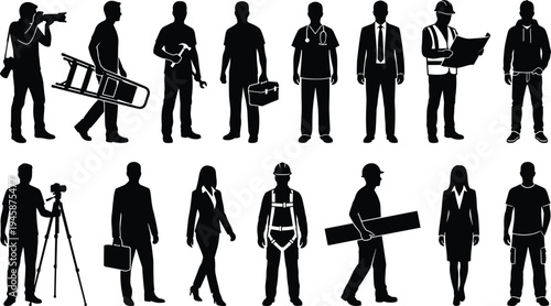 Professional worker silhouette icon set featuring photographer, builder, engineer, doctor, businessman and technician occupations, black people pictograms isolated on white