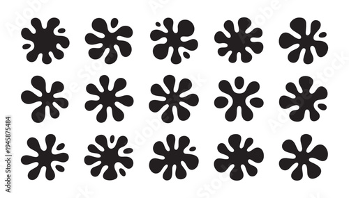 Set of abstract black ink splatters and organic shapes scattered on white background modern graphic design vector